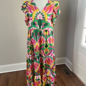 Jade Pink and Green Ruffled Tiered Maxi Sundress